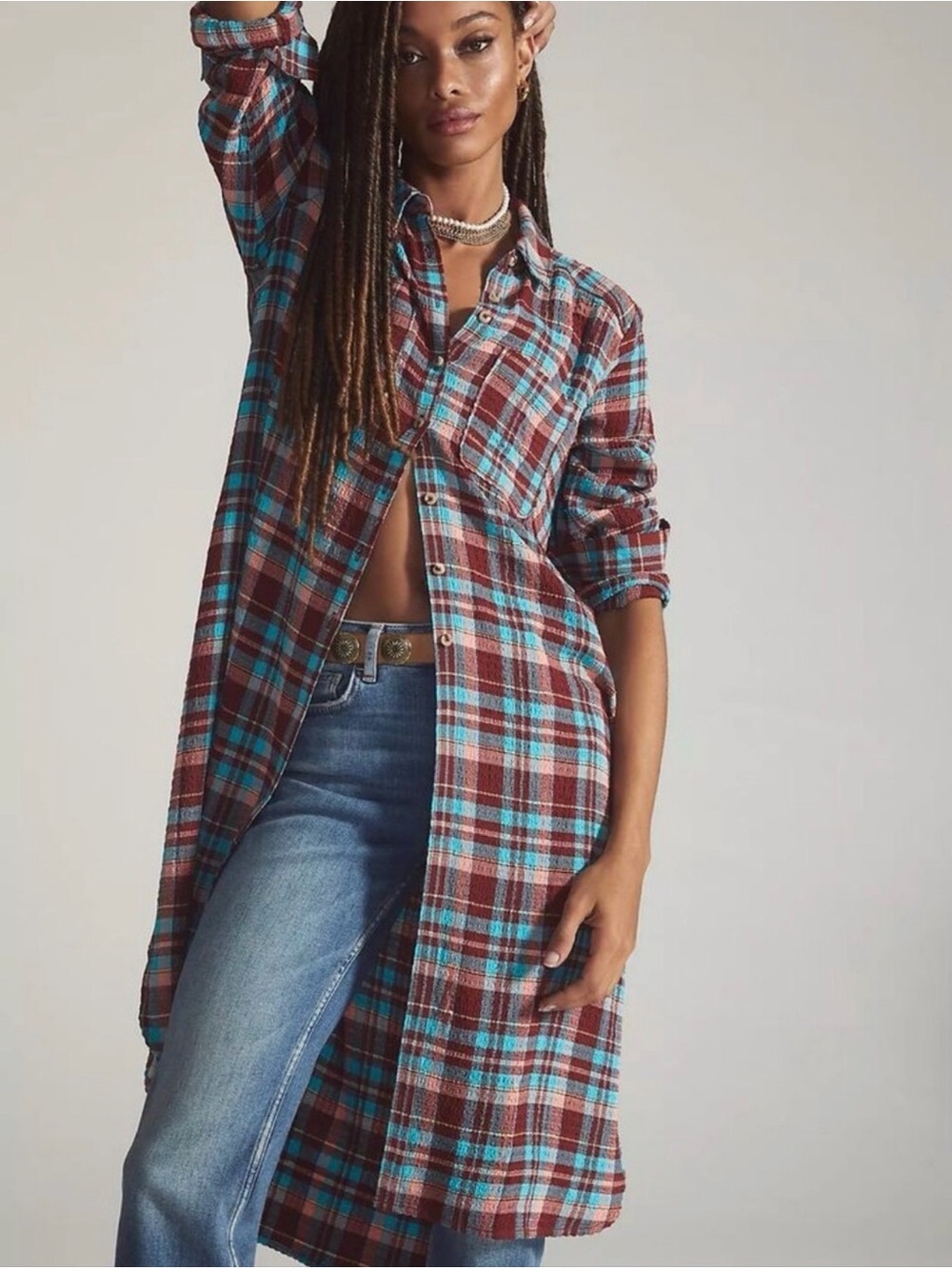 Pilcro Anthropologie Long Plaid Shirt Jacket in Burgundy and Teal Medium Duster